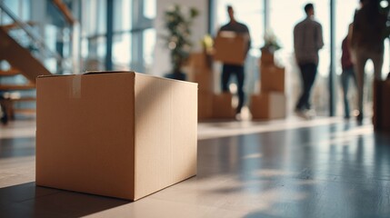 Fototapeta premium cardboard box delivery package in modern office hallway silhouettes logistics ecommerce shipping