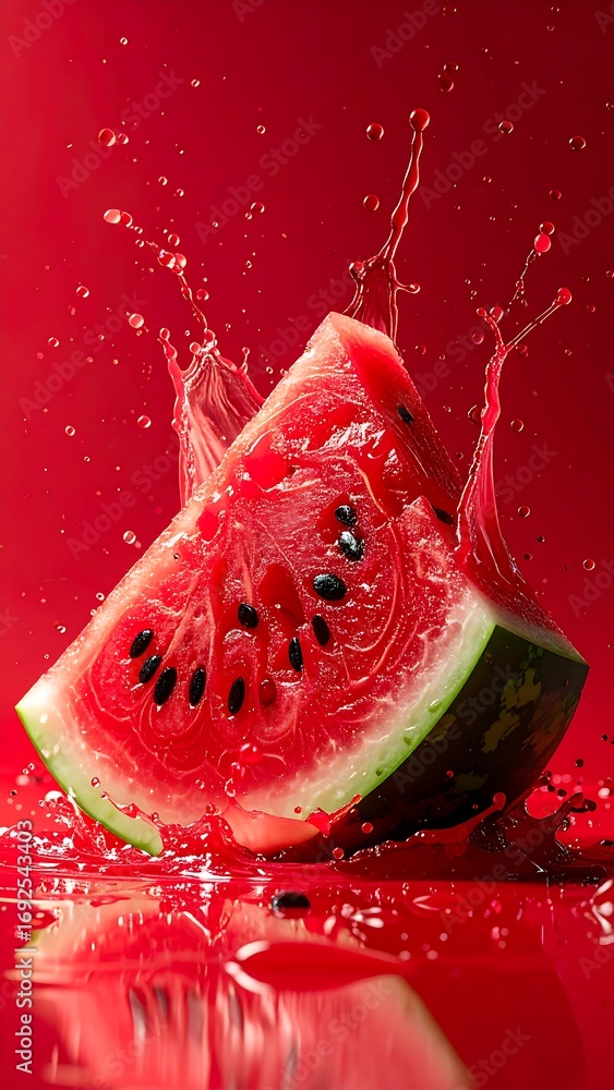 Poster close up 3d render of a refreshing watermelon slice splashing juicy water