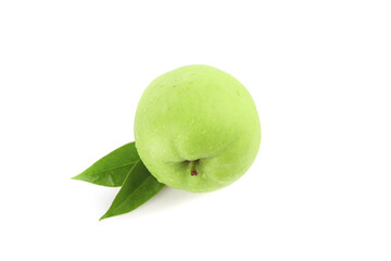 Fresh Green Apple from Shaanxi China with Leaves Isolated on White Background