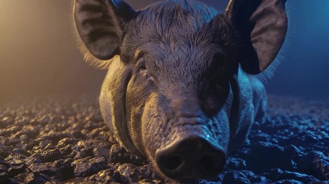 AI-generated dark, muddy boar rests on a lumpy, dirty ground, bathed in a dramatic blue light
