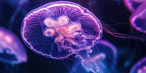 Macro shot of jellyfish filaments glowing with ethereal purple light in dark water