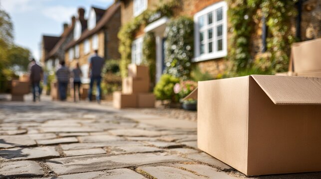 cardboard delivery package on cobblestone street historic town shopping district ecommerce shipping