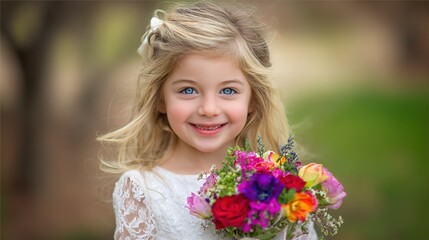 Fototapeta premium Little Girl Holding Colorful Bouquet, Showing Innocent Smile in Outdoor Nature, for Children, Nature, Childlike Fun Theme Creative Design