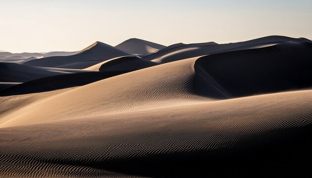 black desert landscape with rolling dunes and gentle hills dramatic shadows and textured sand - Powered by Adobe
