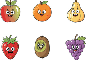 Cute cartoon fruits with smiling faces, apple, orange, pear, strawberry, kiwi, grapes, kids illustration, healthy food, vector art, isolated, colorful