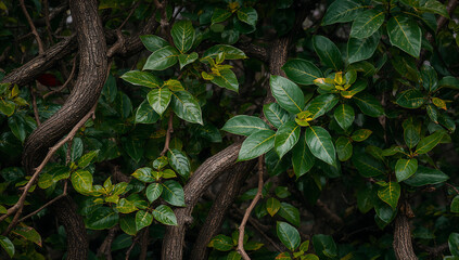 Interwoven Branches and Glossy Leaves in Natural Harmony