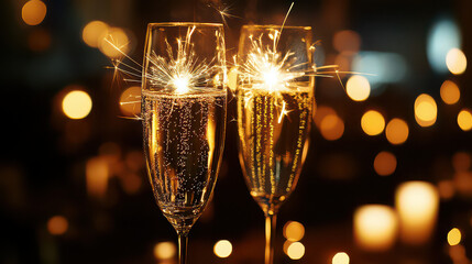 Two glasses of champagne with sparklers on a blurred golden background