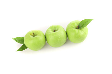 Fresh Green Apples with Leaves on White Background - Healthy Fruit Concept