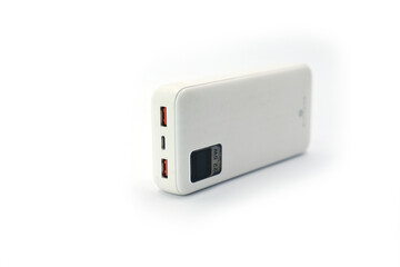 White Power Bank with Digital Display on White Background