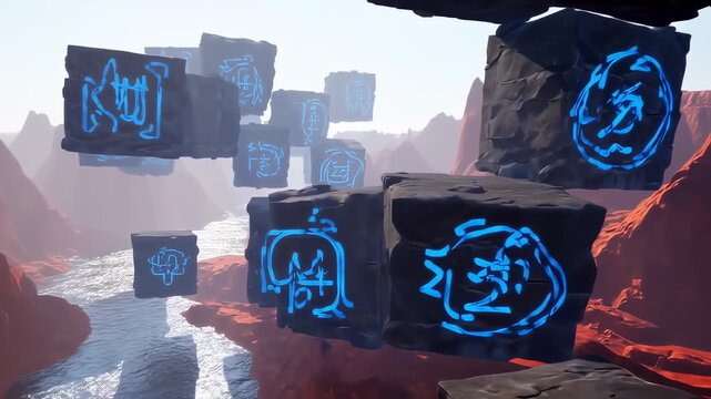 Mystical Runestone Cubes Floating in Arid Canyon Landscape with River Flowing Through