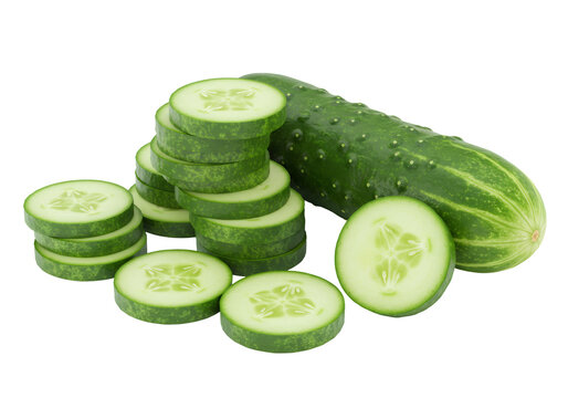 透明な背景にキュウリの輪切りと丸ごとの緑のキュウリのクローズアップ