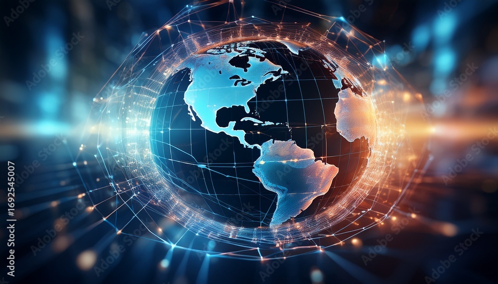 Poster a digital representation of a globe with a network overlay symbolizing global connectivity and techn
