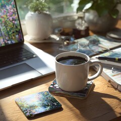 Midday break scene with coffee mug and coaster near laptop