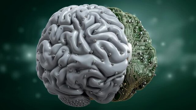 Artificial intelligence brain split with organic neuron texture and circuit board side, gray human brain and green circuit board