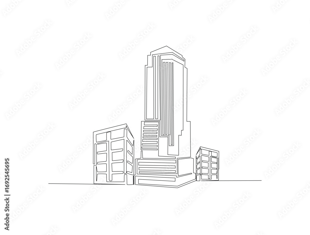 Poster continuous line art drawing of architecture skyscraper building design. modern building architecture