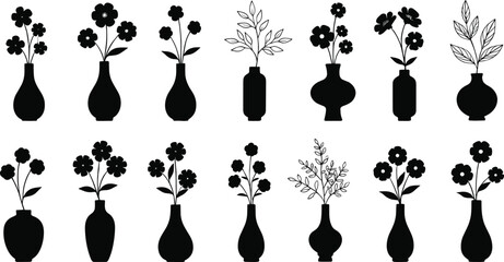 Silhouette flower vases collection, minimalist floral vector design, black vase illustration set, modern plant decoration clipart, interior decor elements