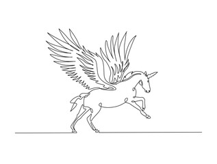 Continuous line art drawing of unicorn with horn. Unicorn in single line art drawing vector illustration. Editable stroke.