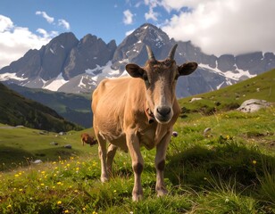 Cow in alpine meadow, mountains backdrop