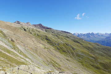 The view opening from the high hiking way from Tiefenbach glacier to Vent in Oetztal valley in the Austrian Alps 