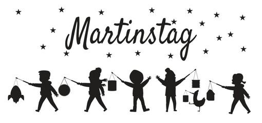 Silhouette kids parade with lanterns under stars, Martinstag lettering above, playful procession graphic for autumn festival