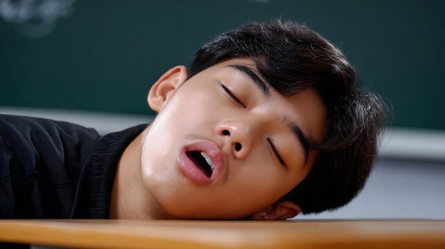 A male student appears to be exhausted, with his head resting on a desk in a classroom setting, showcasing the challenges of academic life.