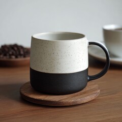 Minimalist ceramic mug with white top and dark base on natural wood coaster