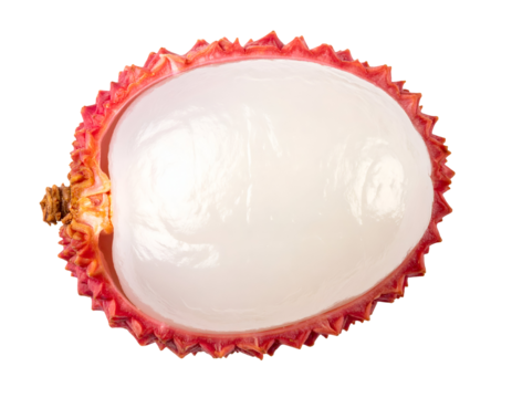 Lychee half showing white translucent flesh and textured red rind, sweet tropical cross-section on isolated background