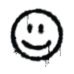 Graffiti smiley face spray paint effect with drips and splatters. Urban street art icon, grunge happy emoticon vector illustration 