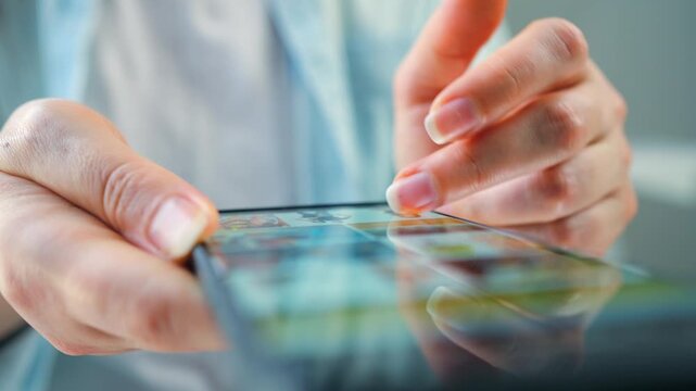 Woman scrolling through social media feeds on smartphone close up