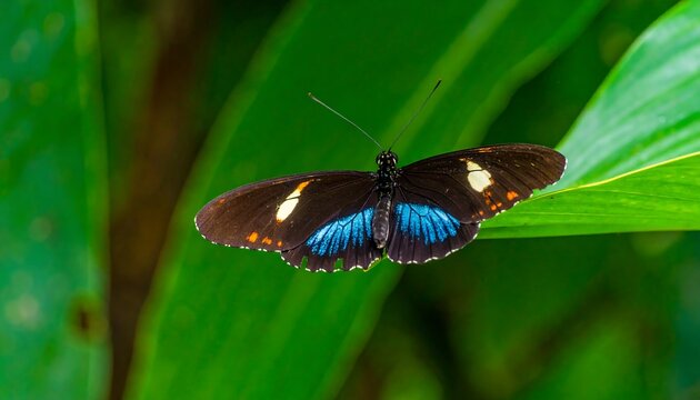 Close-up of a butterfly with dark wings and vibrant blue accents resting on a leaf