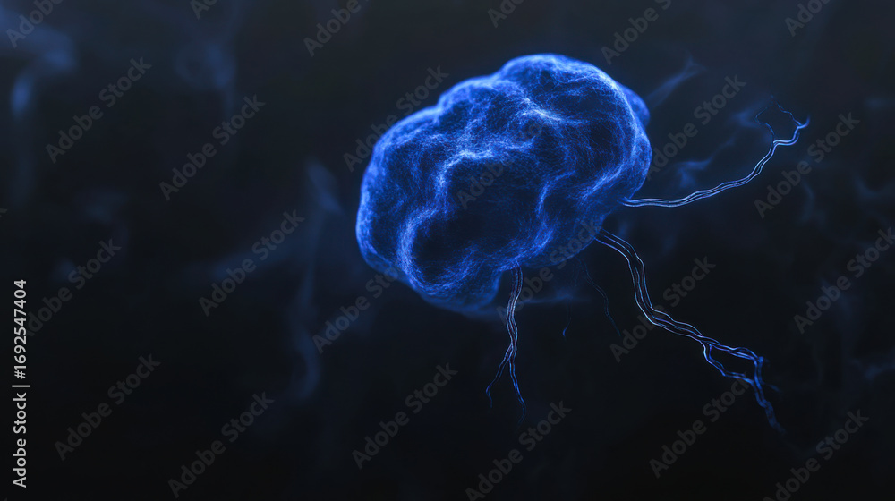 Poster intricate blue neural network resembling a jellyfish floating in a dark background