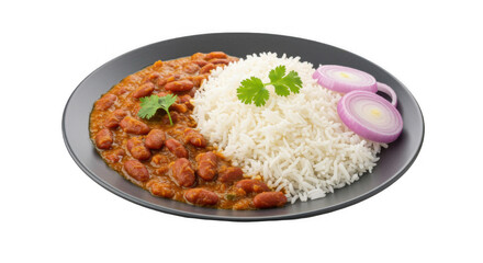 Authentic Rajma Chawal: A flavorful Indian dish with kidney beans and rice, garnished with onion