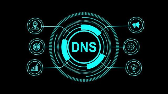 Futuristic dns concept with glowing blue circles and icons on a black background, representing domain name system, networking, and technology in a modern and abstract way for digital solutions