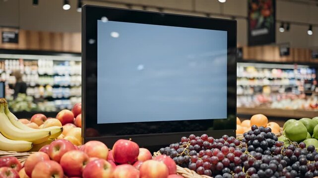 A display screen stands amidst a vibrant array of fresh fruits in a grocery store.