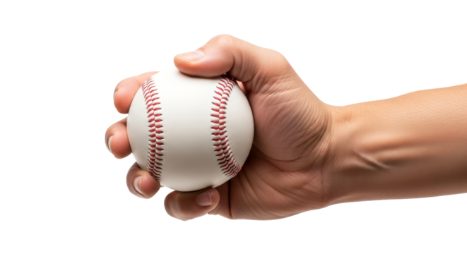 a firm grip athletes hand ready to pitch a baseball, isolated on transparent background