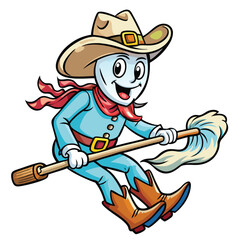 Cartoon Ghost Cowboy Character Flying On A Mop Like A Broomstick With Red Scarf And Cowboy Boots