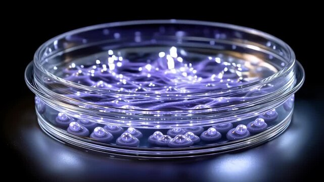 Synthetic Biology concept, Glowing purple gel and liquid glass petri dish reflective surface with laboratory mood and soft glow
