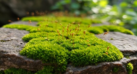 Vibrant green moss clings to a stone in a tranquil forest landscape, surrounded by leafy plants