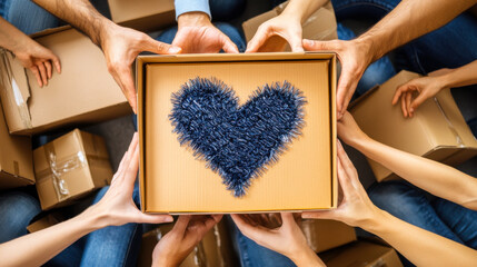Community members gather to support a charity drive by packing boxes with care and love for those in need during a local event
