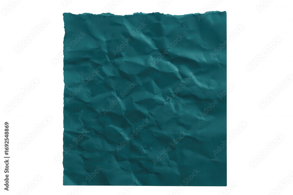 Poster crumpled teal paper with torn edges on a transparent background, providing a textured and abstract v