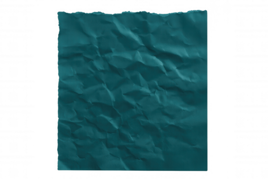 Crumpled teal paper with torn edges on a transparent background, providing a textured and abstract visual element