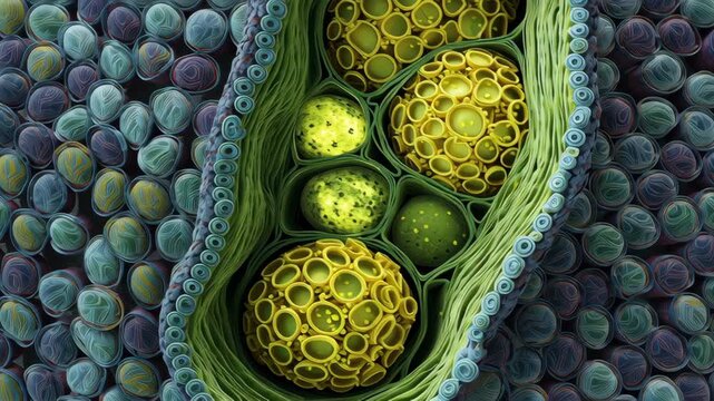 Synthetic Biology concept, green plant cell with chloroplast and starch granule inside leaf tissue showing microscopic interior