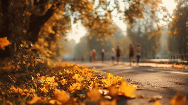 golden leaves on pavement in autumn park