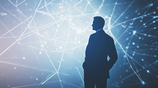 Silhouette of a businessman contemplating data connections in a modern digital landscape