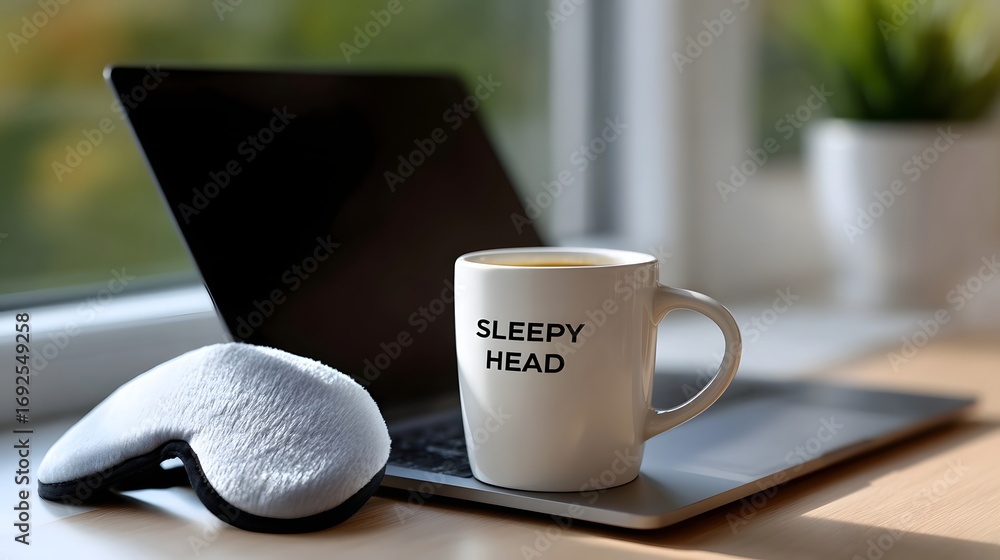 Poster a person resting their head on a cushion while working on a laptop with a mug of coffee on the desk,