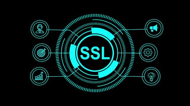 Futuristic hud element featuring the ssl abbreviation at its core, encircled by icons symbolizing user, target, graph, megaphone, gear, and light bulb, all rendered in a striking blue hue against a st