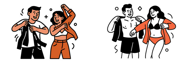 Minimalist character design of a young couple changing from casual clothes to swimwear for a beach day vacation concept