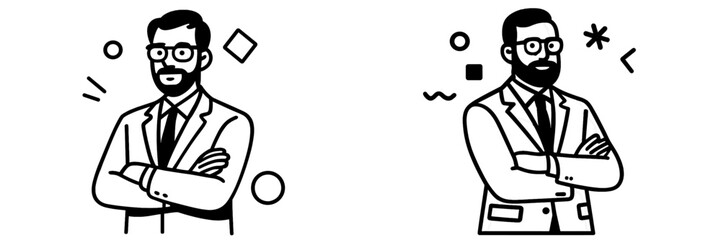 Minimalist black and white icon set of a confident bearded businessman with glasses and arms crossed wearing a professional suit for corporate branding