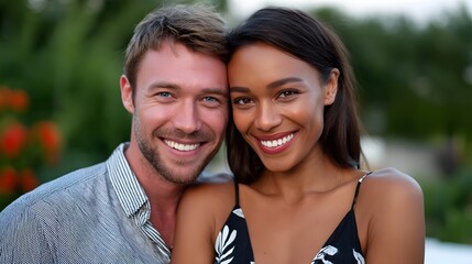 A cheerful, diverse couple in a relaxed, affectionate embrace surrounded by natural greenery