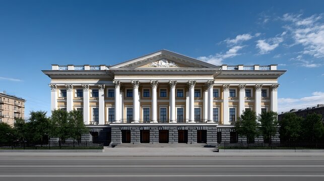 Impressive neoclassical-style palace building with a grand columned portico facade and central dome, set against a clear blue sky in an urban setting